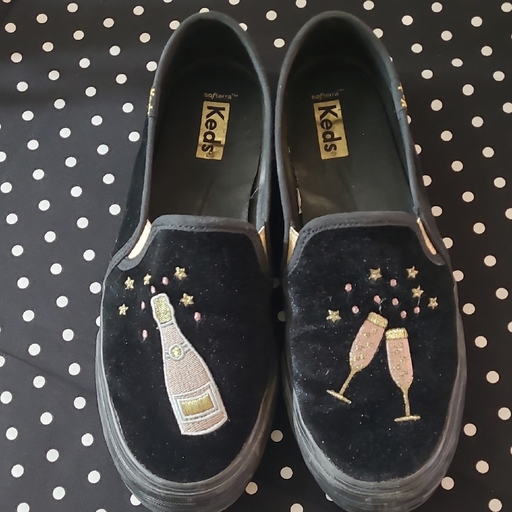 Keds Black Velvet Flats with Champagne Embroidery